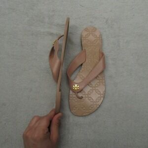 Tory Burch Women 7.5M Sandals Pink Flip Flop Gold Monroe Thong Flat Summer Beach